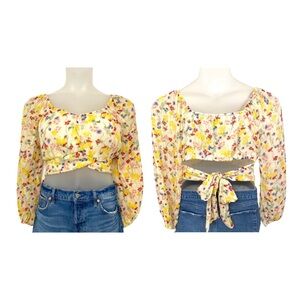 Japna Floral Wrap Crop Top Women’s L Sheer Puff Sleeve Boho Romantic